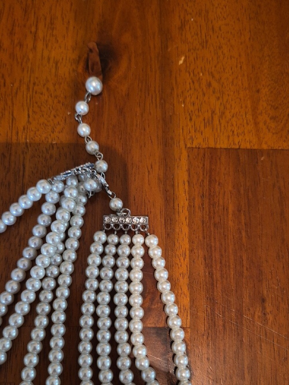 Multi-Strand Faux Pearl Necklace with Crystal Clasp - Ivory - Picture 2 of 4